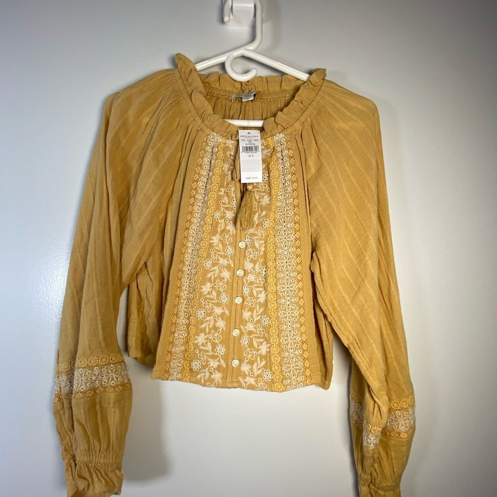 American Eagle Outfitters Butter Yellow Embroidered Blouse